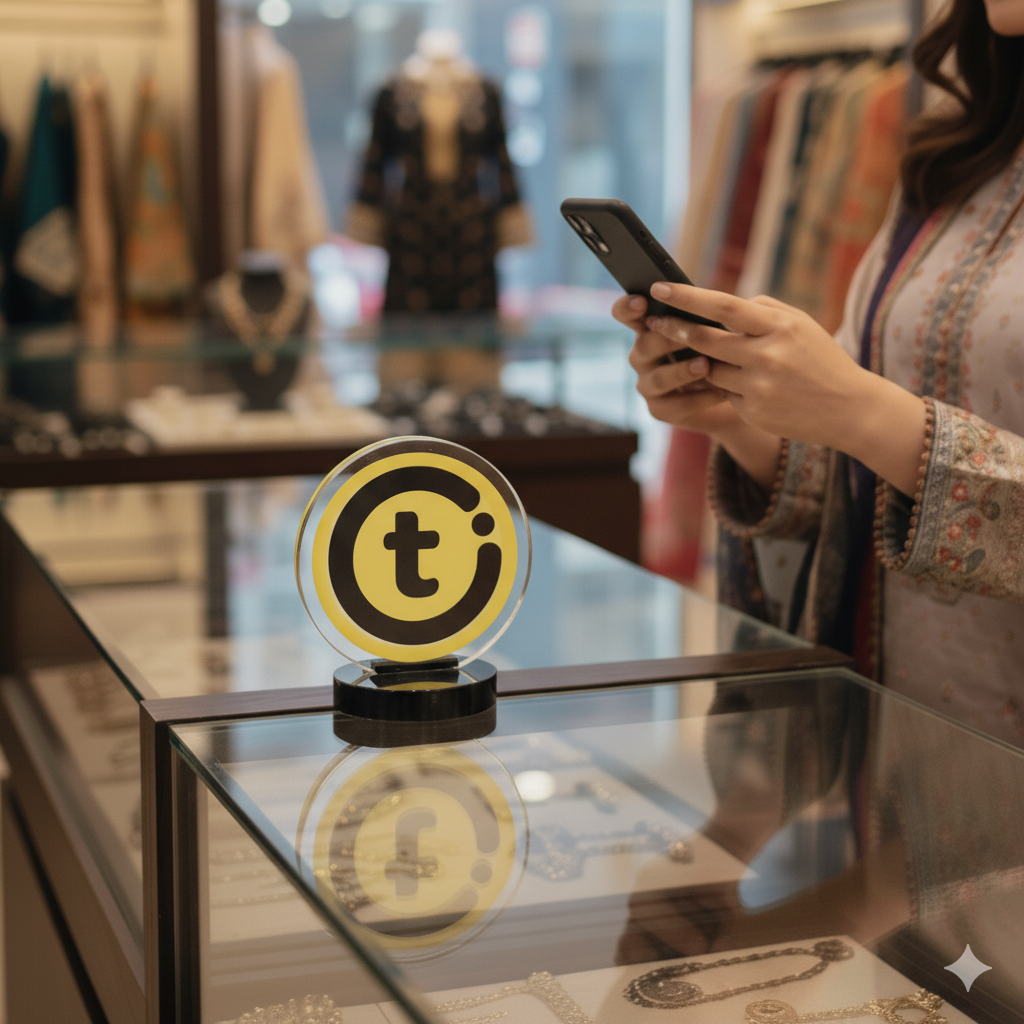 GolTap Smart Standee in retail store - Customer engagement at checkout counter