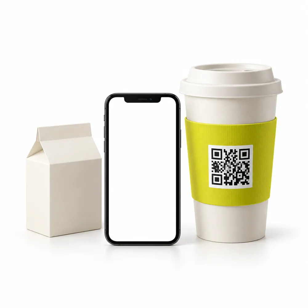 A QR-enabled coffee cup, product carton, and smartphone for a loyalty program