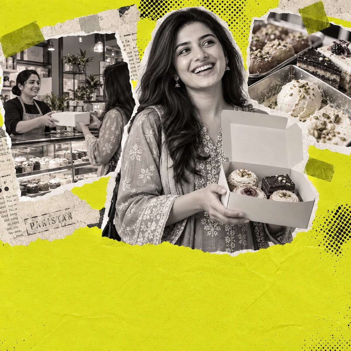 Pakistani customer holding a pastry box with bakery, sweets and ice cream scrapbook clippings.
