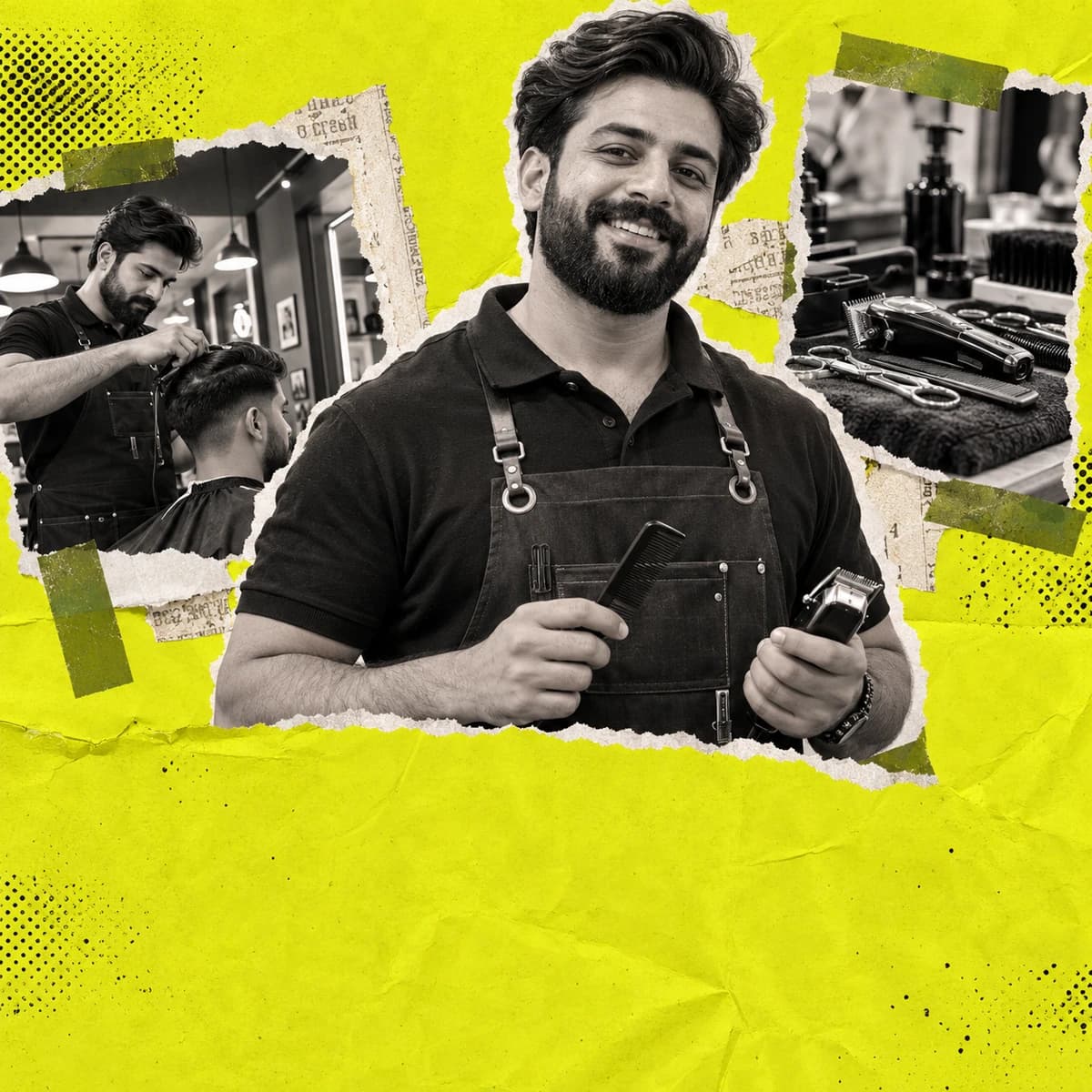 Pakistani barber holding grooming tools with haircut and shop photographs on lime paper.