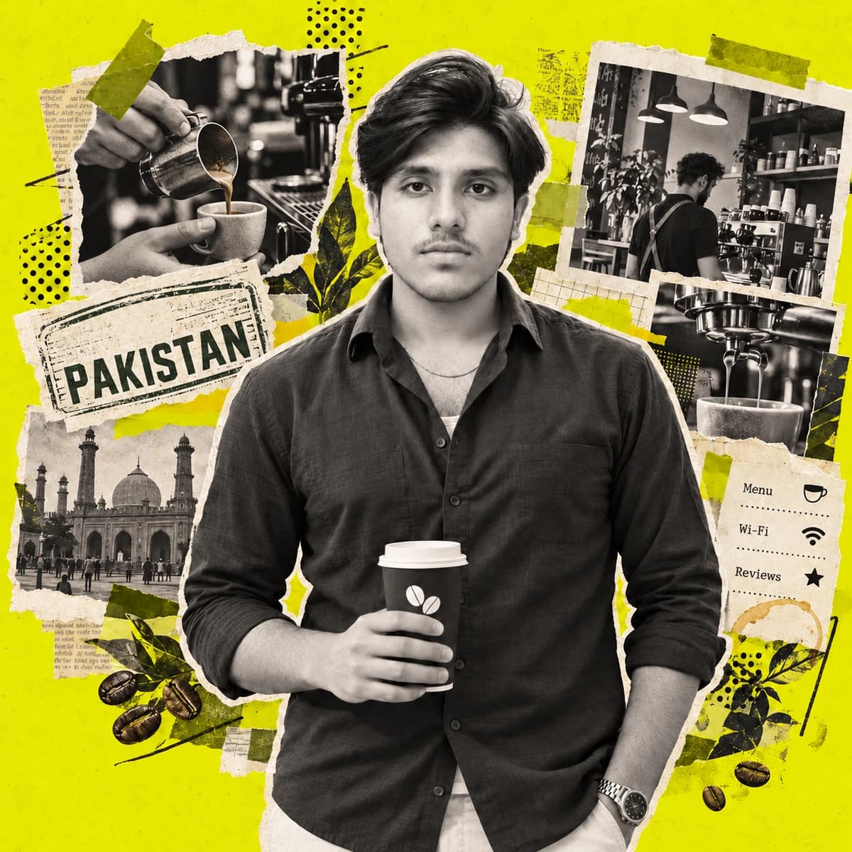 Abdullah Alam holding a takeaway coffee among espresso photographs and torn paper on lime yellow.
