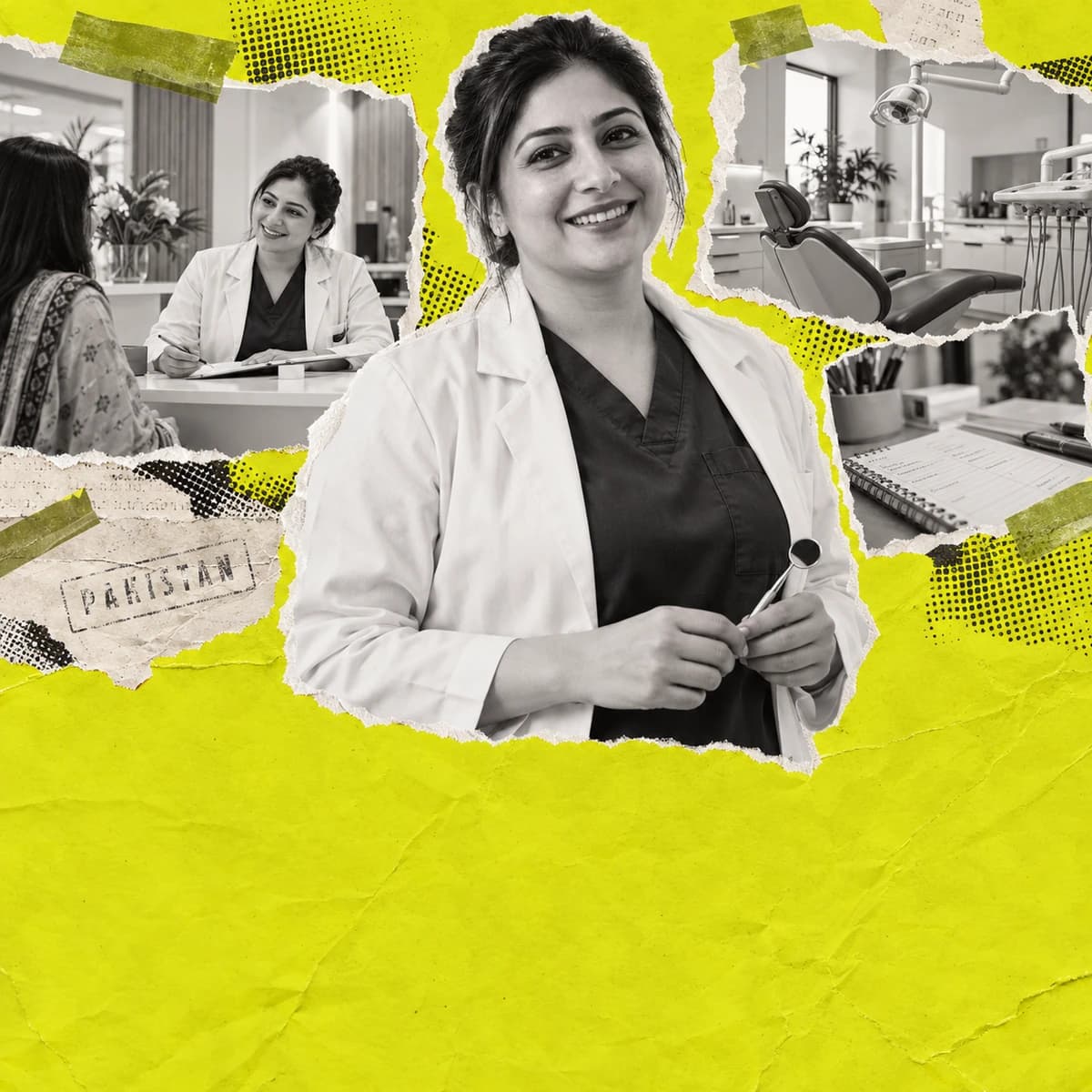 Pakistani dentist with dental reception and consultation scrapbook photographs.