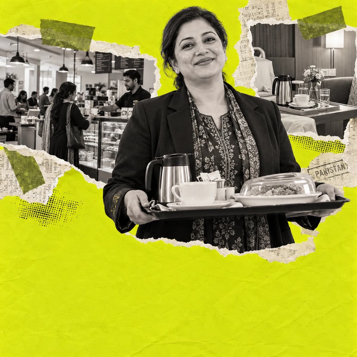 Pakistani hospitality manager carrying a tea tray with hospital canteen and private-room amenity photographs.