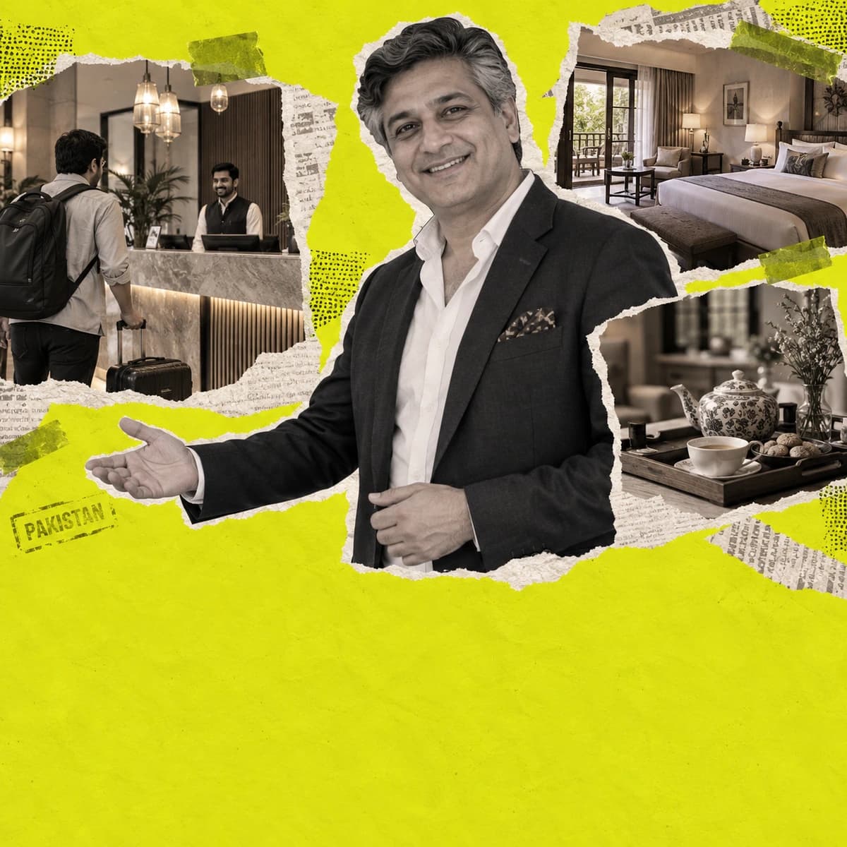 Pakistani hotel host welcoming guests with reception and room-service photographs.