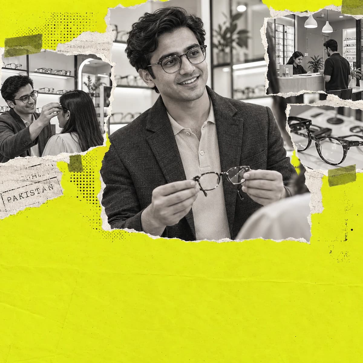 Pakistani optician presenting eyeglasses with optical-store and frame-selection photographs.