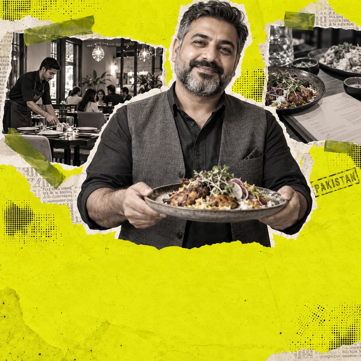 Pakistani restaurant owner presenting a plated meal with dining-room scrapbook clippings.