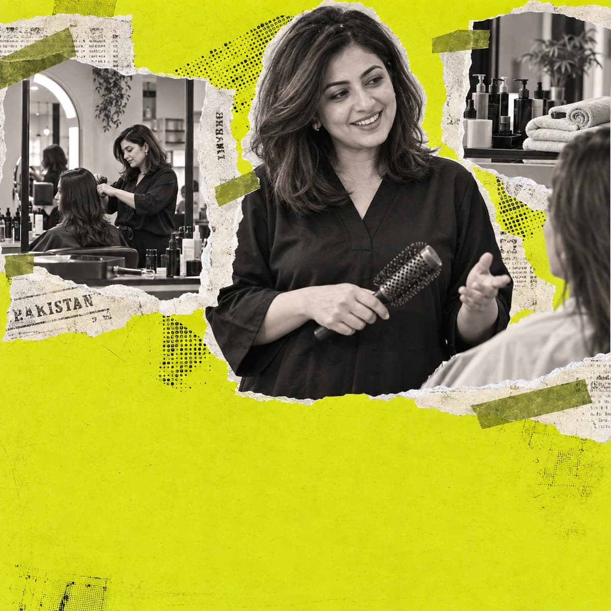 Pakistani salon owner with a hairbrush among styling and spa scrapbook photographs.