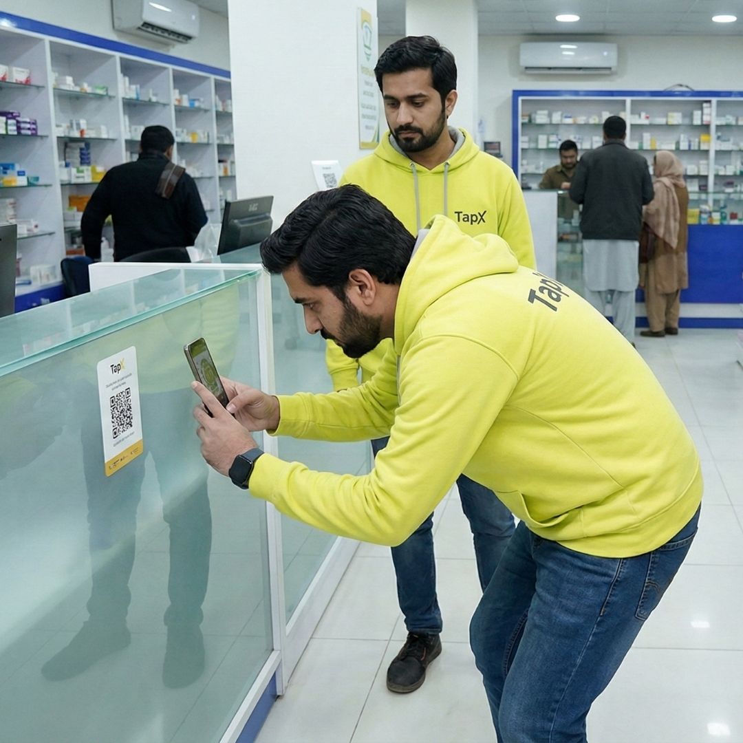 TapX research team in lime yellow hoodies examining QR code implementation quality at Pakistani pharmacy during comprehensive field survey