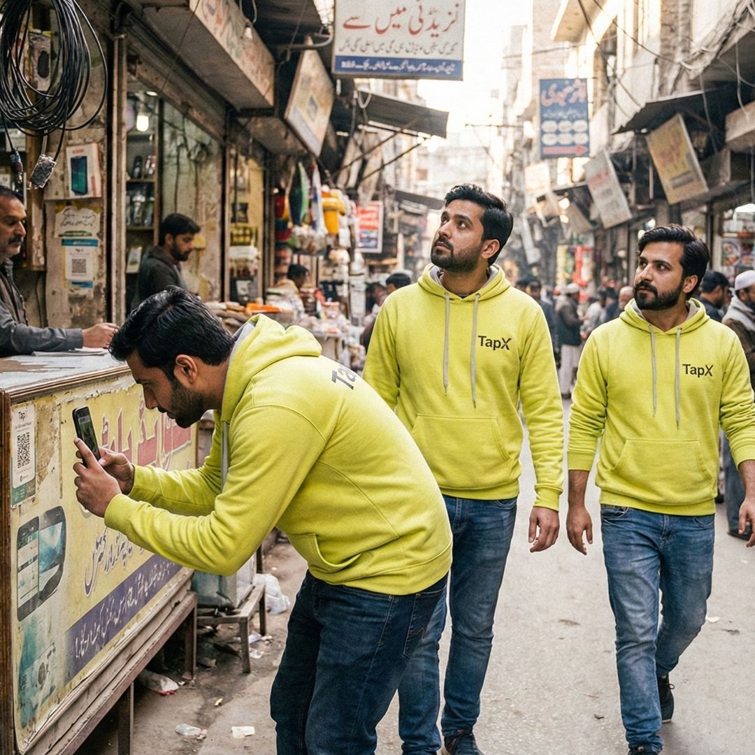 TapX research team in lime yellow branded hoodies conducting QR code survey in busy Pakistani street market, Lahore