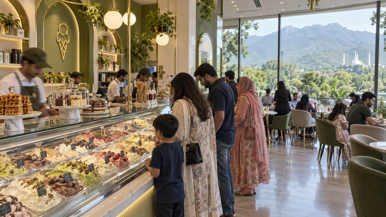 Islamabad dessert and ice cream parlor concept with families choosing gelato and Margalla views.