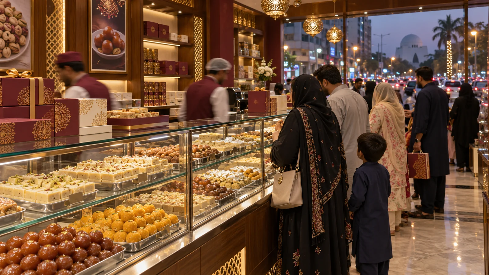 Karachi sweet shop concept with mithai displays, gift boxes and evening customers.