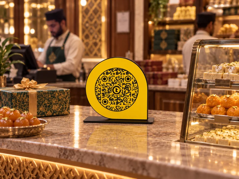 ScanPoint with its fixed teardrop shape and black steel base at sweet shop counter