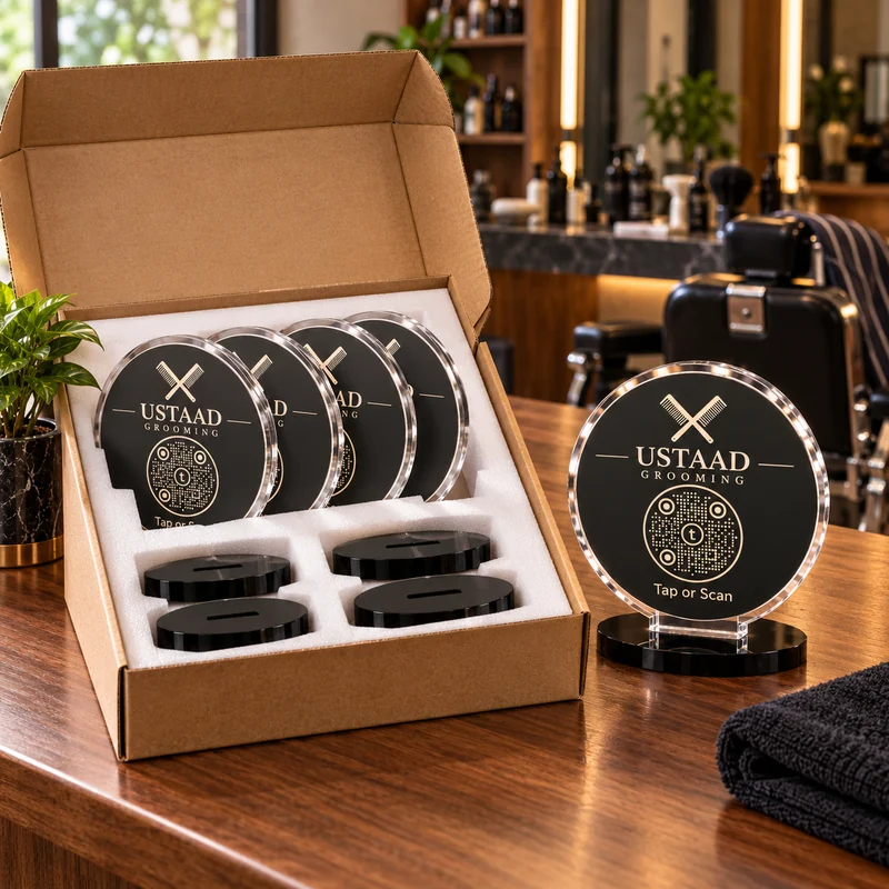 Circular GolTap pieces and black acrylic bases in fitted foam inside a cardboard box; product visualization.