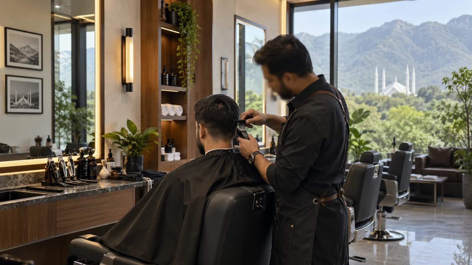Islamabad men’s grooming salon concept with barber stations and green Margalla views.