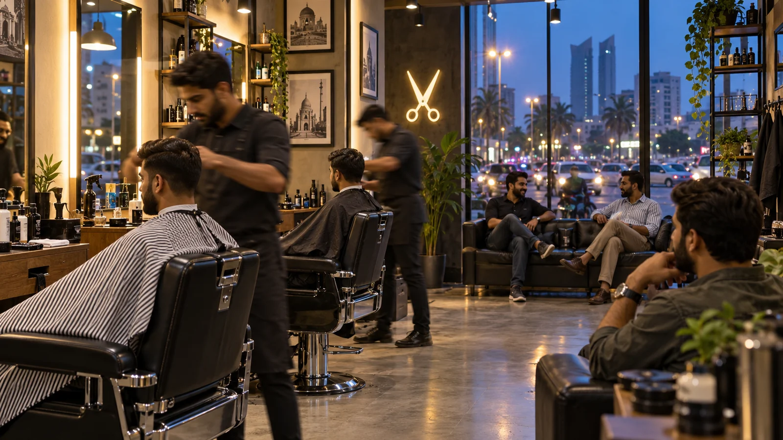 Karachi barbershop concept at blue hour with male clients and softly blurred grooming staff.