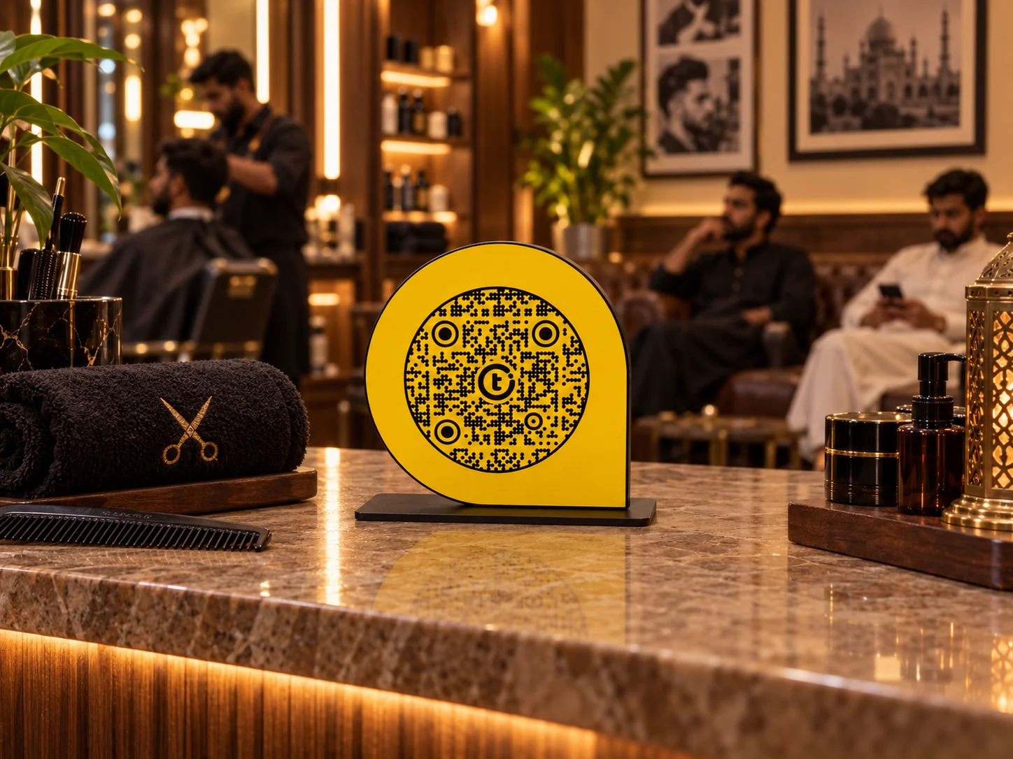 ScanPoint with its fixed shape and black steel plate at barbershop reception