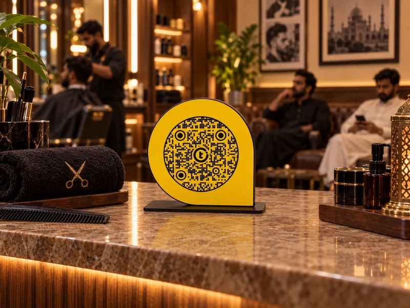 ScanPoint with its fixed teardrop shape and black steel base at barbershop reception