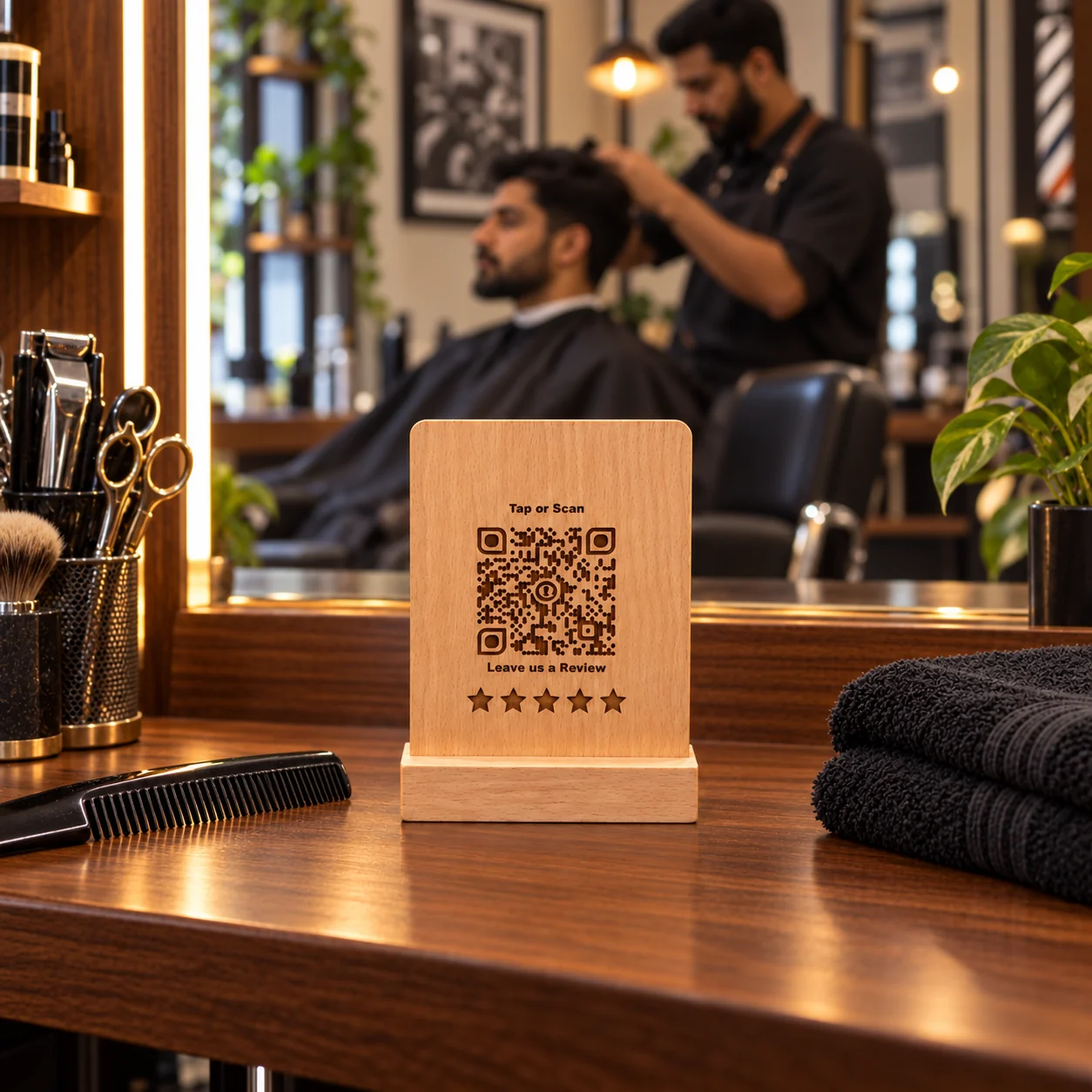 Warm wood. A familiar barber. Salon product visualization.