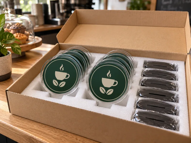 Circular café touchpoints stacked in protective foam inside new cardboard packaging; product visualization.