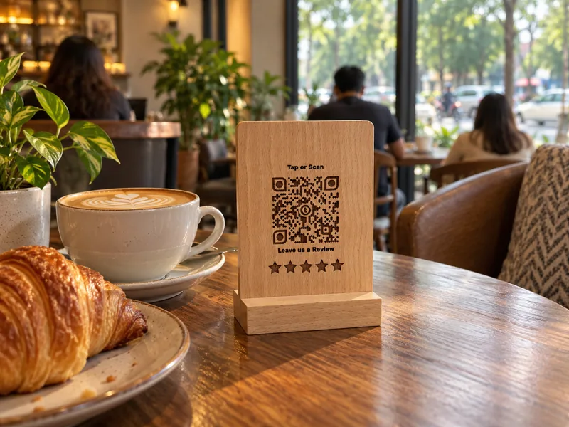Beechwood guest touchpoint on a café coffee table; product visualization.