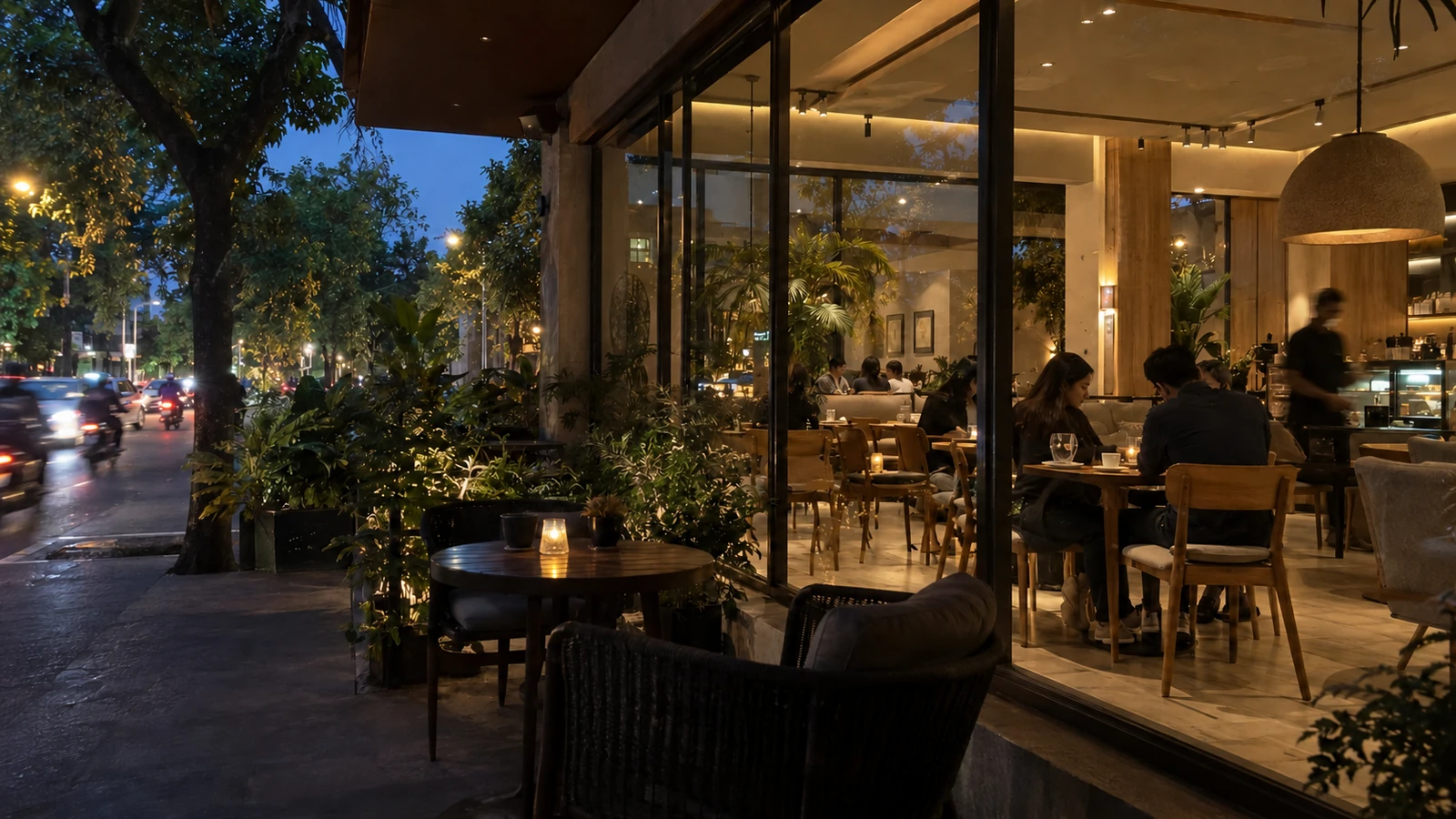 AI café render: a tree-lined Lahore-inspired street at blue hour beside a warmly lit café, with a seated woman naturally facing the coffee table and blurred staff.