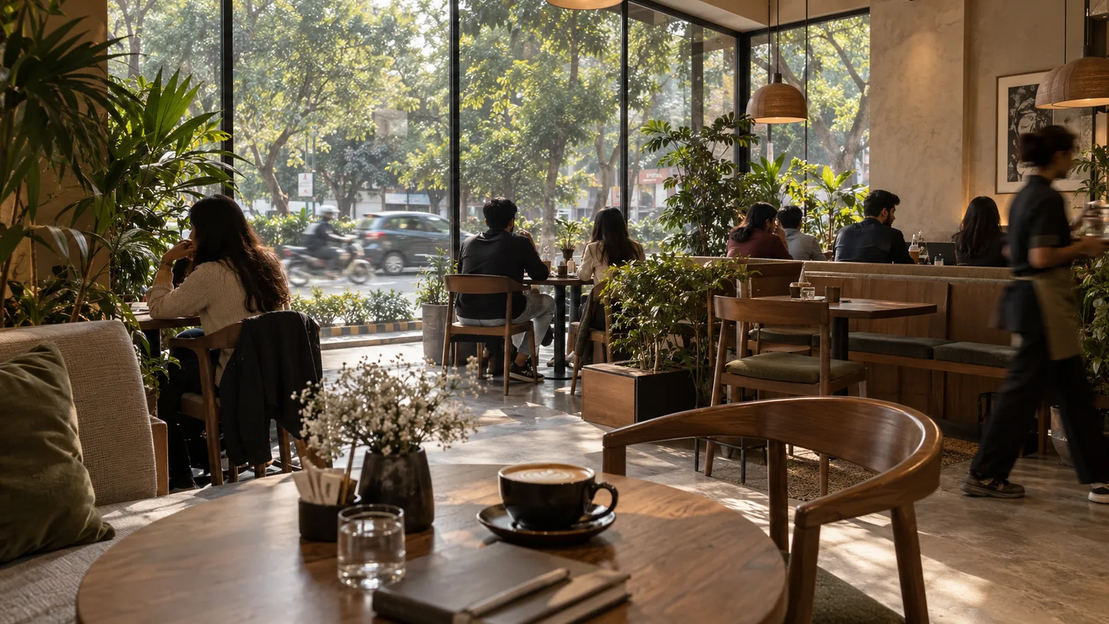AI café render: warm wood seating, young adults seen from behind, greenery and passing traffic outside a Lahore-inspired café.