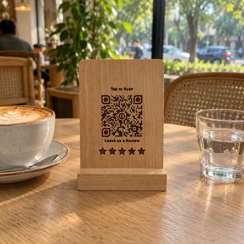Product visualization: wooden TapX Review+ standee centered on a coffee table in a Pakistani cafe setting