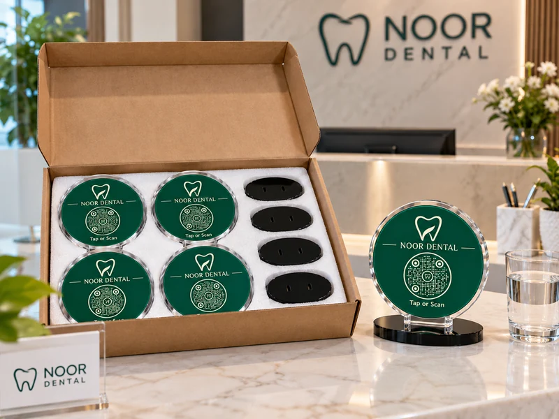 Circular GolTap pieces and black acrylic bases in fitted foam inside a cardboard box; product visualization.
