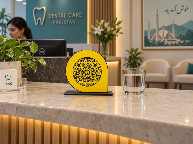ScanPoint with its fixed outline, circular dotted QR and black steel base at a dental clinic reception; product visualization.