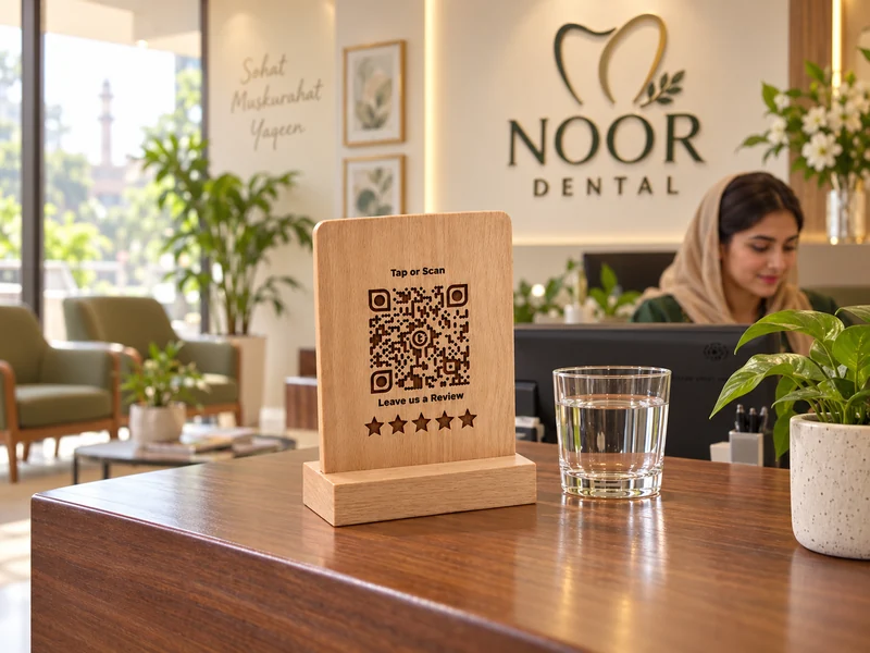 Product visualization: beechwood touchpoint in a Pakistani dental clinic