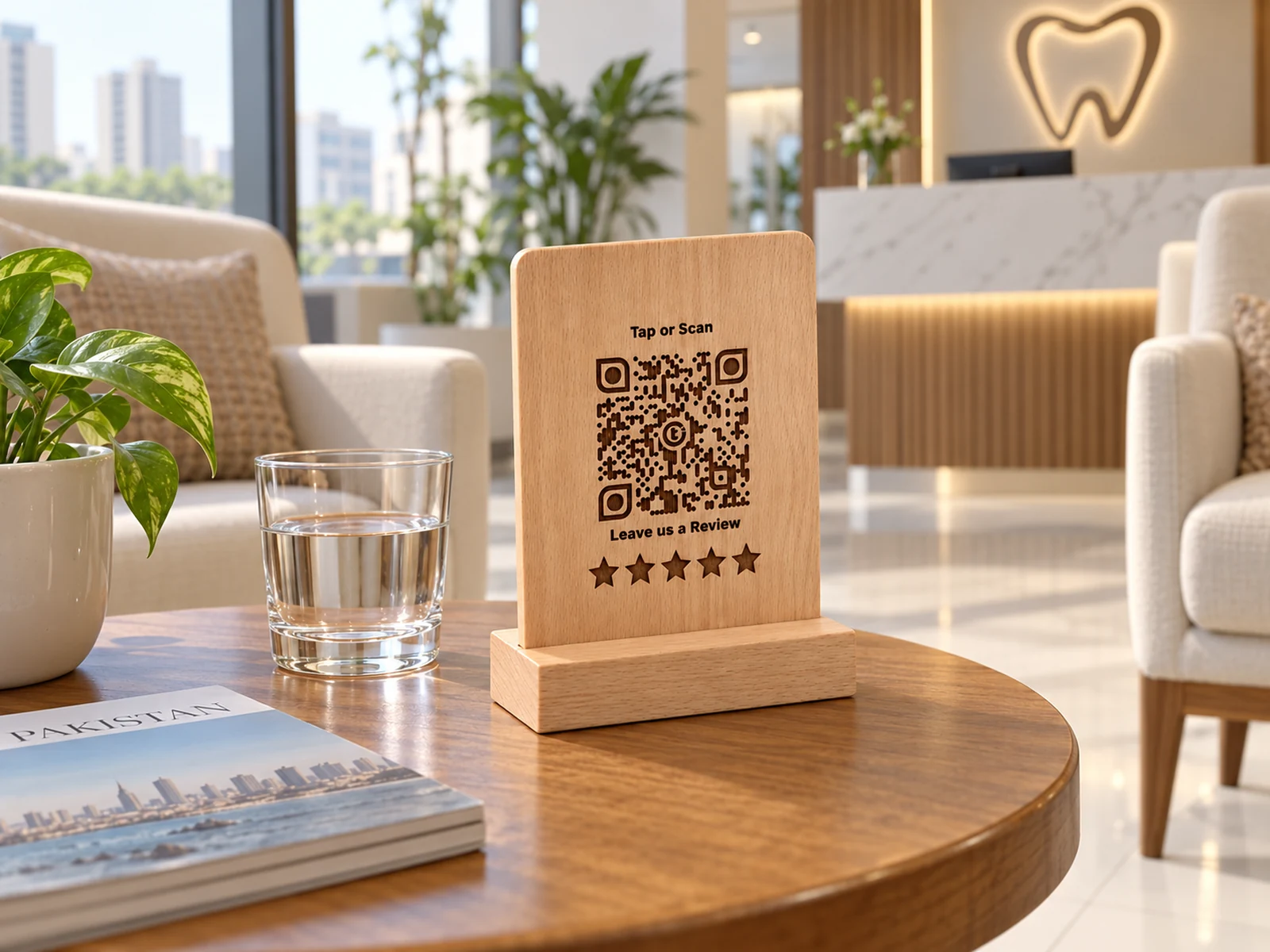 Dental-clinic concept: beechwood touchpoint in a calm Karachi waiting lounge.