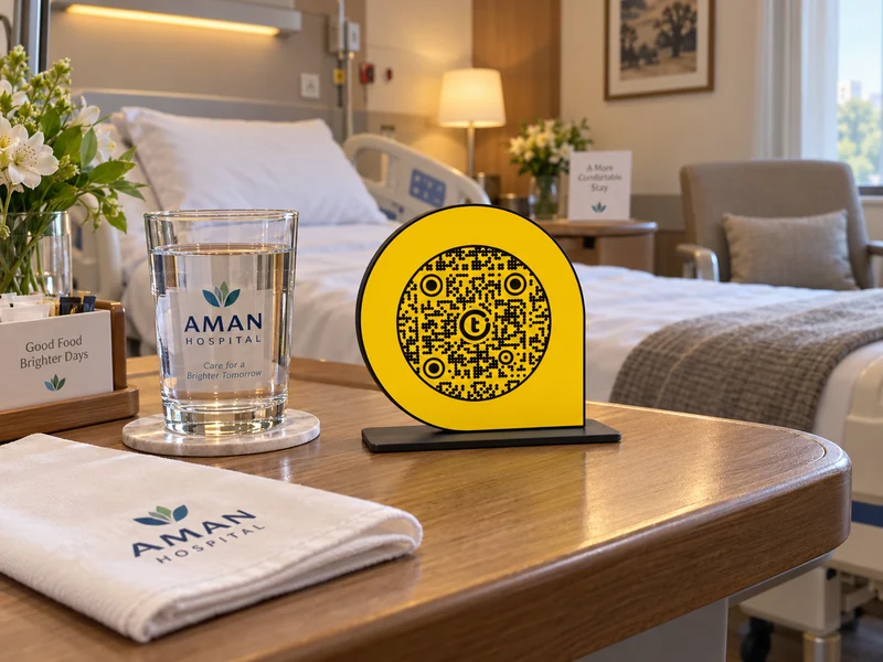 ScanPoint with its fixed outline, circular dotted QR and black steel base in a hospital private-room hospitality setting; product visualization.