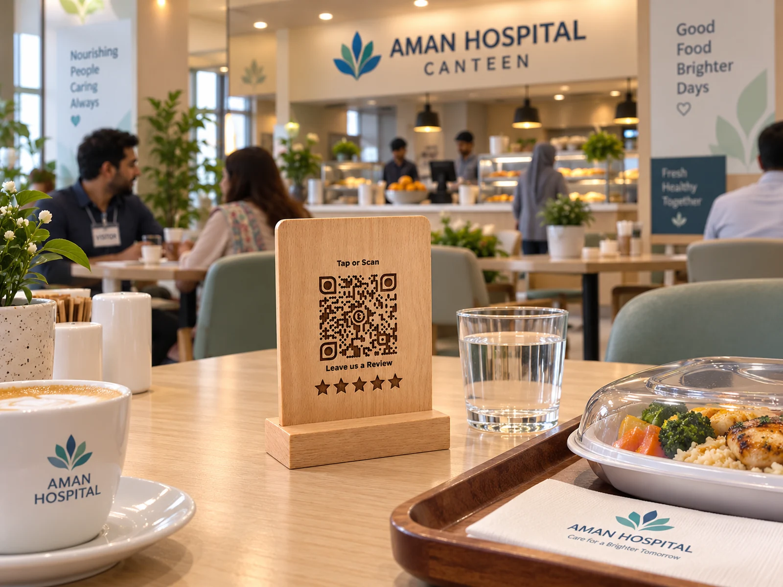 A canteen table. A clearer menu. Hospital product visualization.
