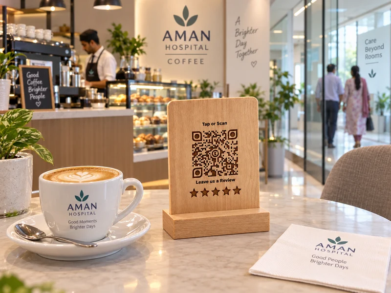 Product visualization: beechwood touchpoint in a hospital coffee shop, canteen or private room