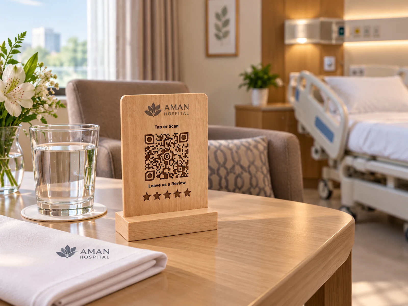 Hospital hospitality concept: beechwood touchpoint on an attendant’s guest-services table in a private hospital room.