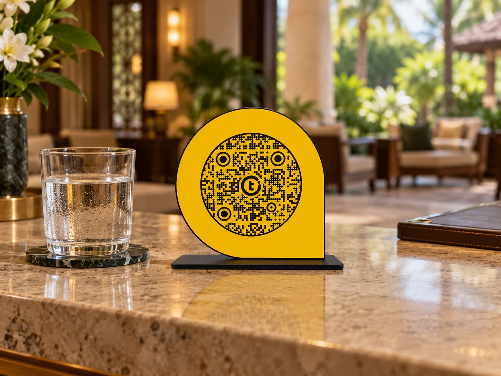 ScanPoint beside a water glass in a hotel reception product visualization