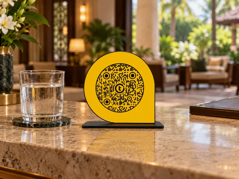 ScanPoint beside a water glass in a hotel reception product visualization