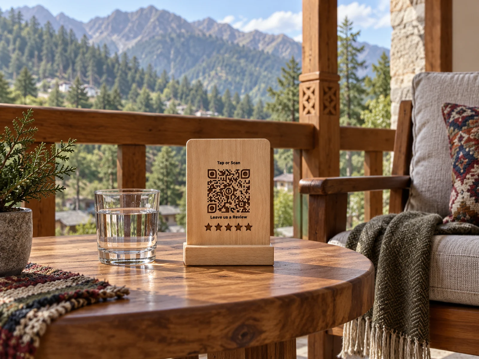 Resort concept: beechwood guest guide on a northern Pakistan mountain-view balcony.