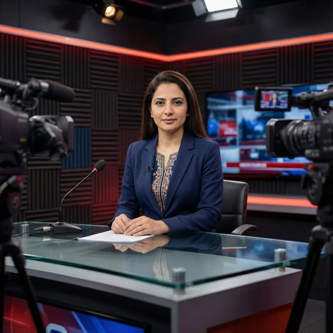 Pakistani female TV news anchor in navy blazer at broadcast desk with cameras and studio monitors