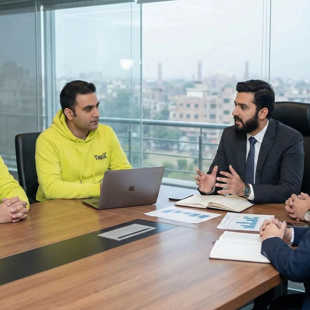 TapX research team in lime yellow hoodies presenting QR code survey findings to Pakistani business stakeholders in corporate office meeting with Karachi skyline view