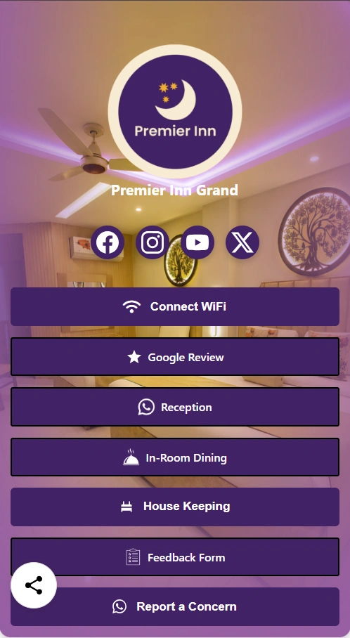 Premier Inn Grand’s actual Digital Concierge page, displayed in a phone frame with WiFi, reception, room dining, housekeeping, and guest feedback