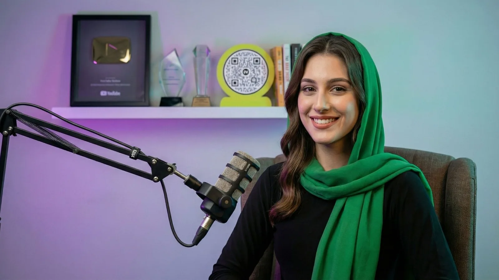 Pakistani female influencer in podcast studio with TapX QR code standee and YouTube awards