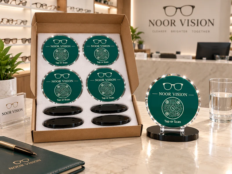 Circular GolTap pieces and black acrylic bases in fitted foam inside a cardboard box; product visualization.