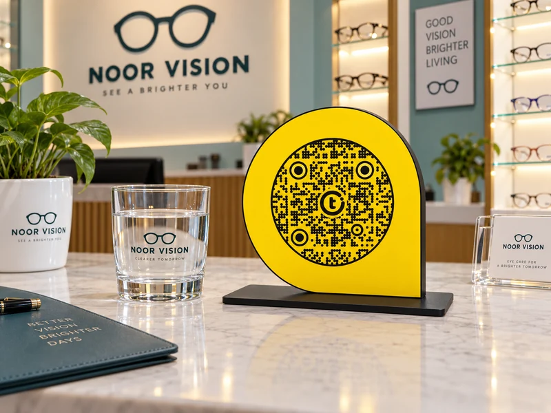 ScanPoint with its fixed outline, circular dotted QR and black steel base at a optical store and eye-clinic reception; product visualization.