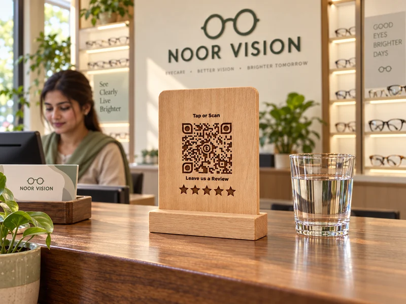 Product visualization: beechwood touchpoint in a Pakistani optical store or eye clinic