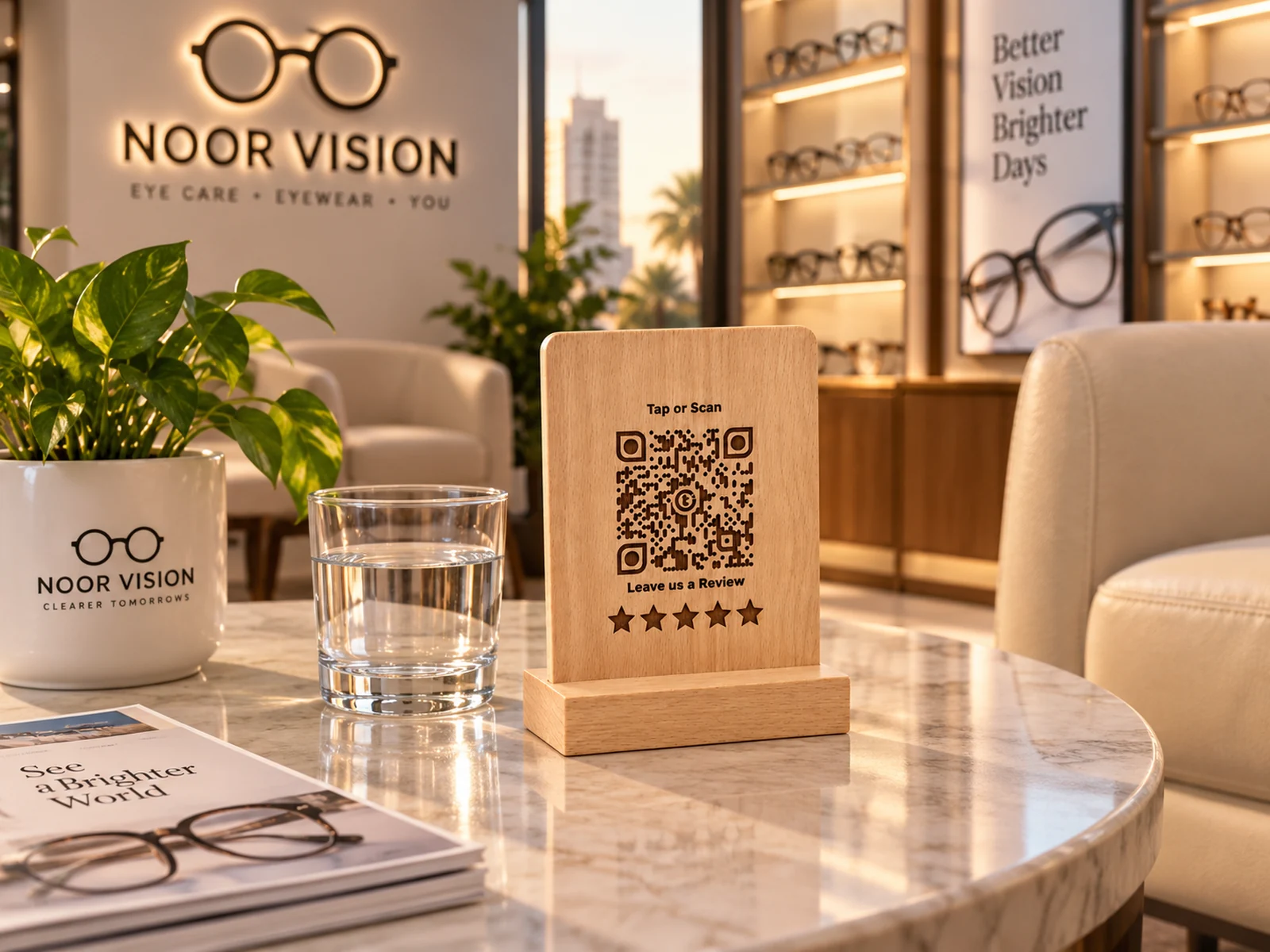 Optician concept: beechwood touchpoint in a Karachi eyewear showroom lounge.