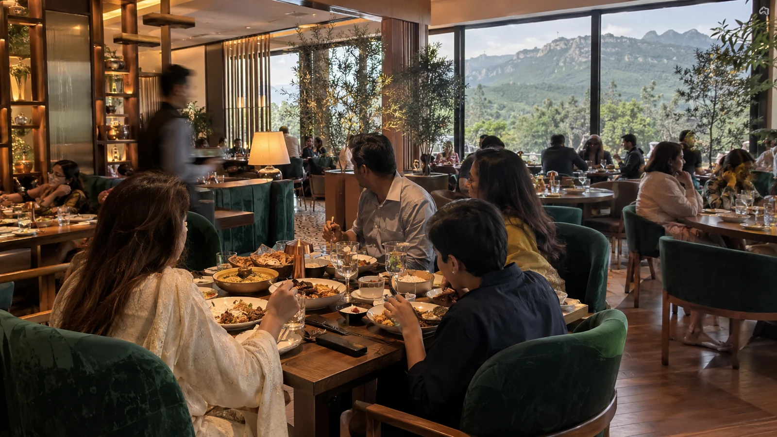 Restaurant concept: families sharing lunch in an Islamabad dining room beside green Margalla views.