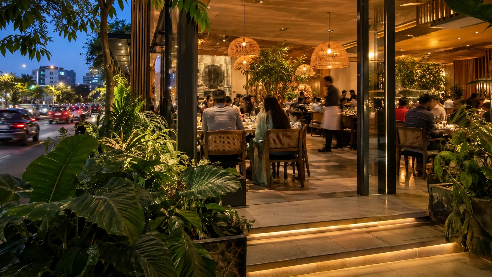 Restaurant concept: Karachi evening dining, families at dinner tables and softly blurred service staff.