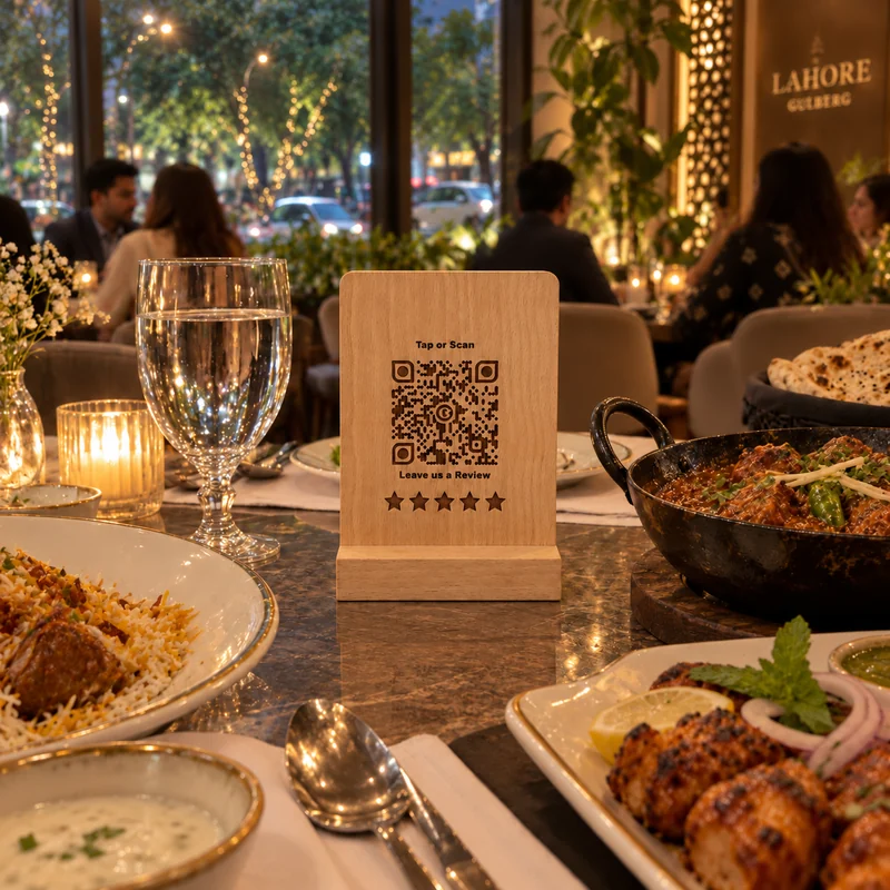 Product visualization: wooden TapX Review+ touchpoint on a dining table in a Pakistani restaurant