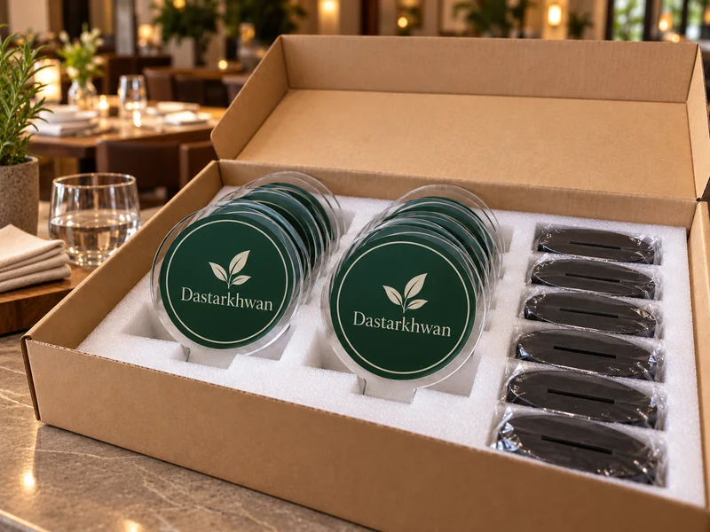 Circular GolTap pieces and black acrylic bases in fitted foam inside a cardboard box; product visualization.
